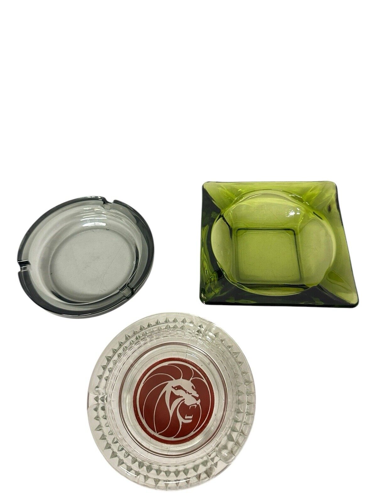 Lot of 3 Vtg Glass Ashtrays 1970’s 1980’s MGM Hotel Anchor Hocking Green 4.5”