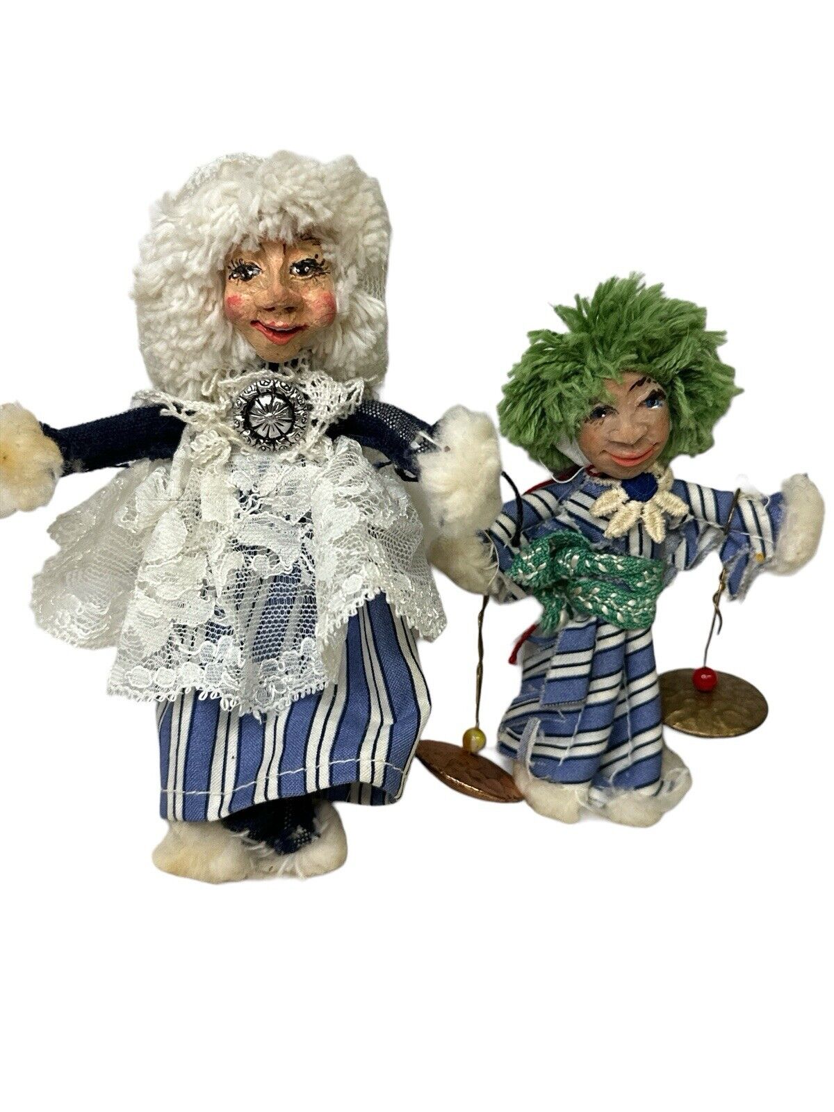 Lot Of 2 Vtg Small Handmade Artesian Folk Art Clay & Fabric Ornaments
