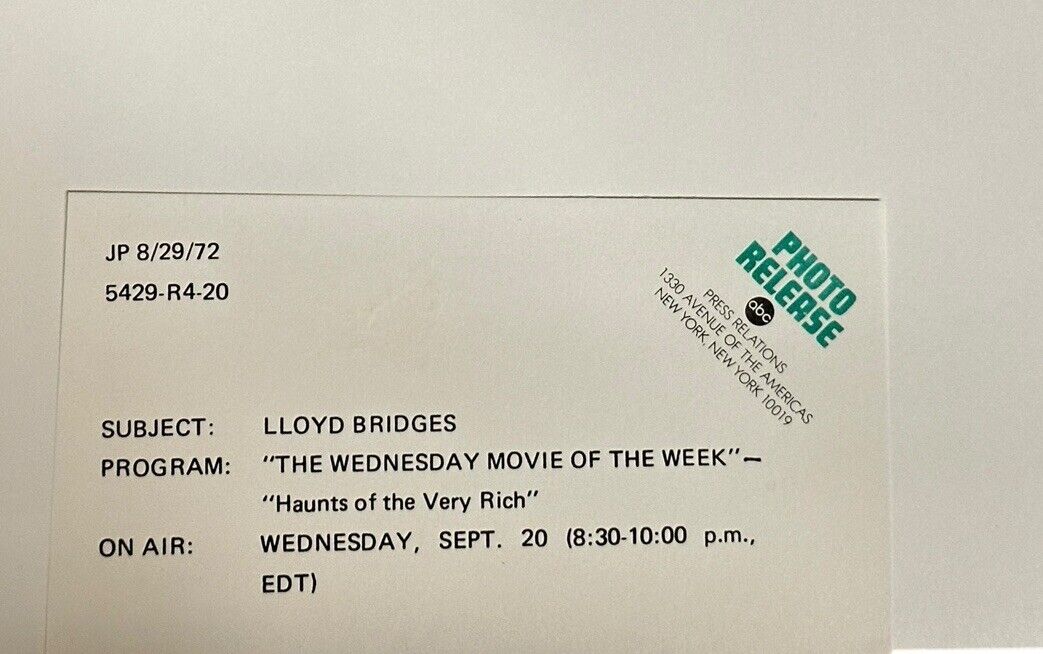 1972 ABC Press Release Photo Lloyd Bridges “haunts of The Very Rich” 7” x 9”
