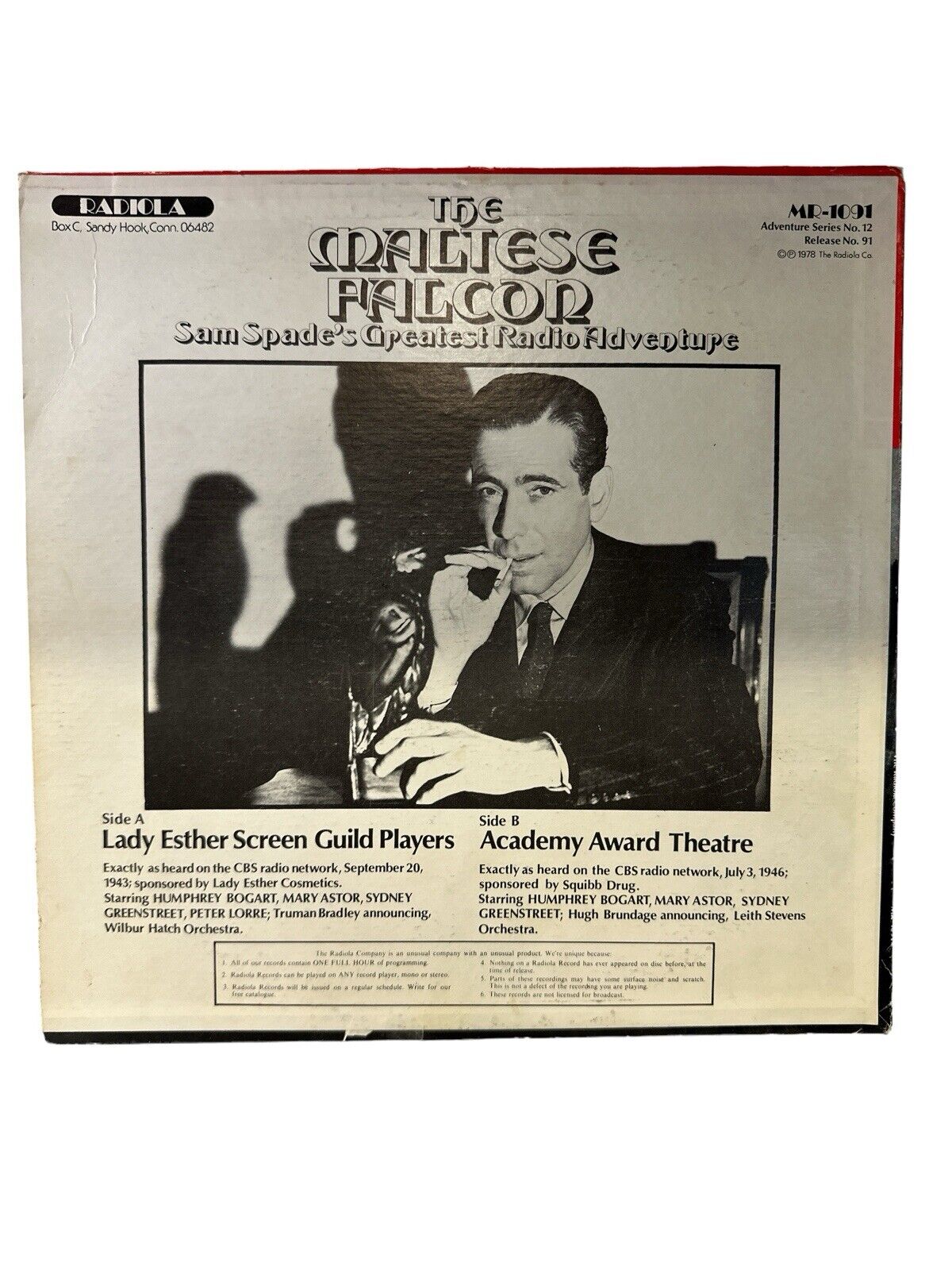 The Maltese Falcon Sam Spade's Greatest Radio Adventure 33 RPM LP 1978 VG