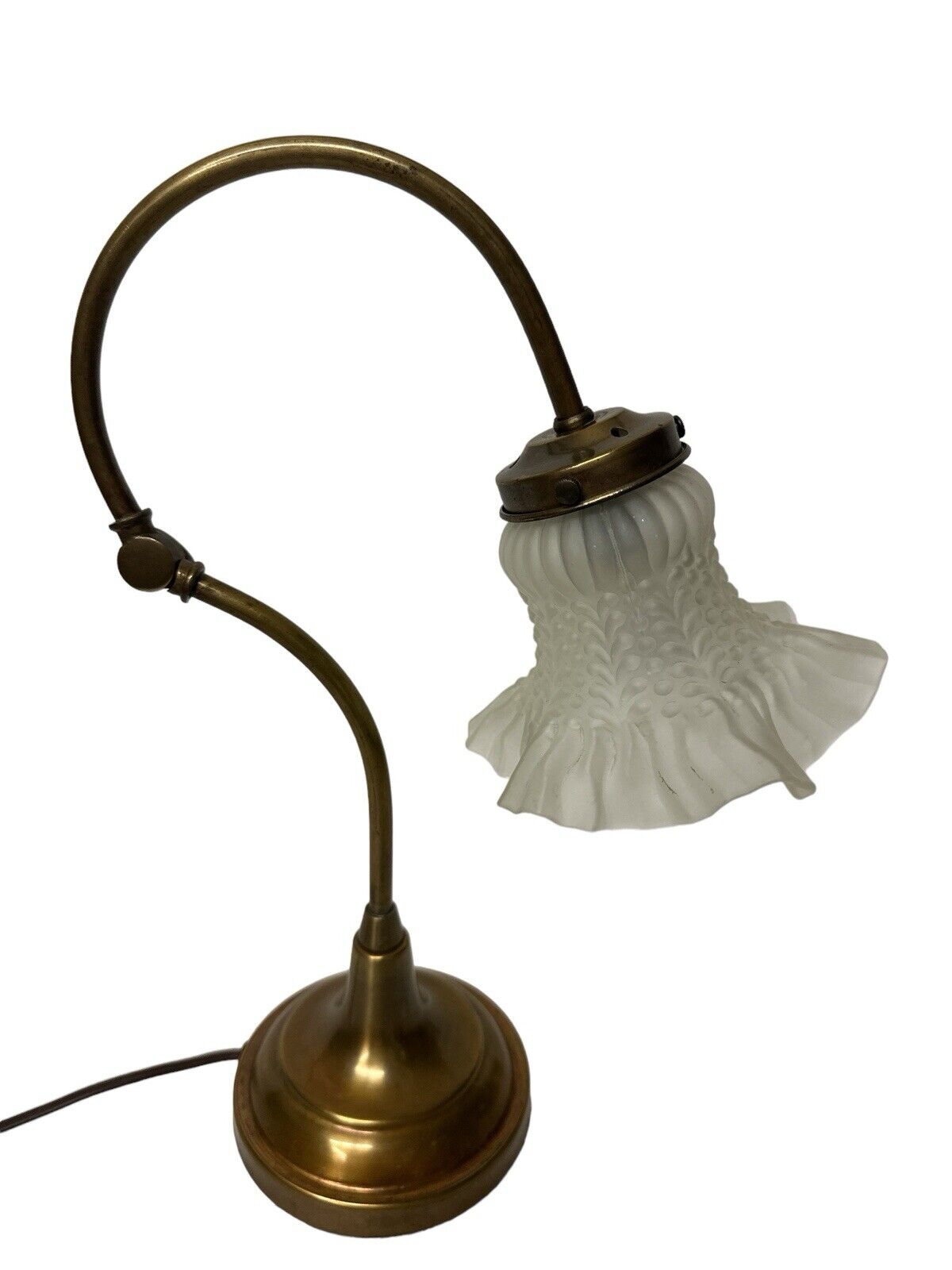 Vtg Brass 1930’s Art Nouveau Table Desk Piano Lamp With Elegant Glass Shade 15”