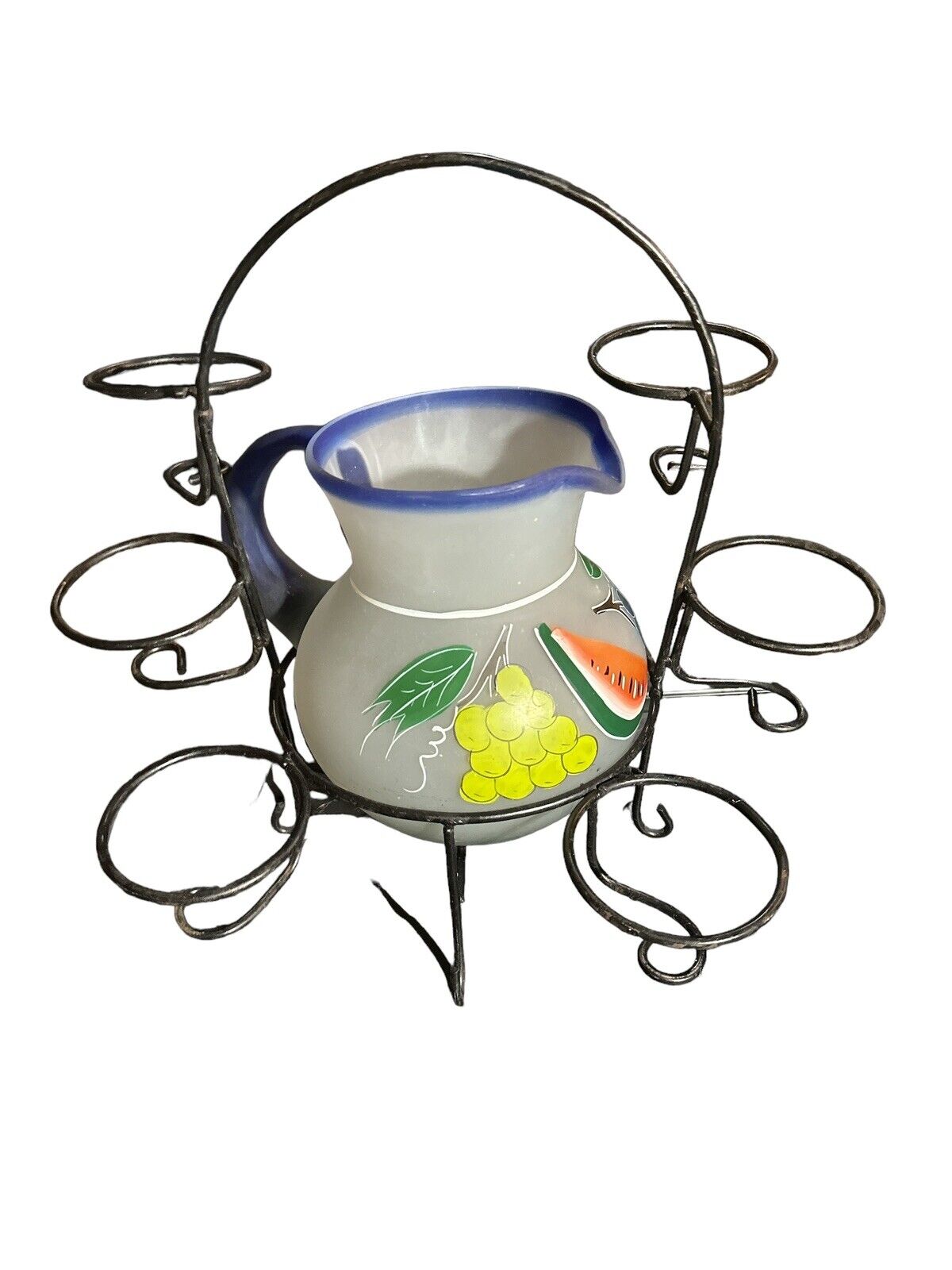 Vtg Handmade Blown & Painted Mexican Lemonade Pitcher 6 Glasses And Metal Holder