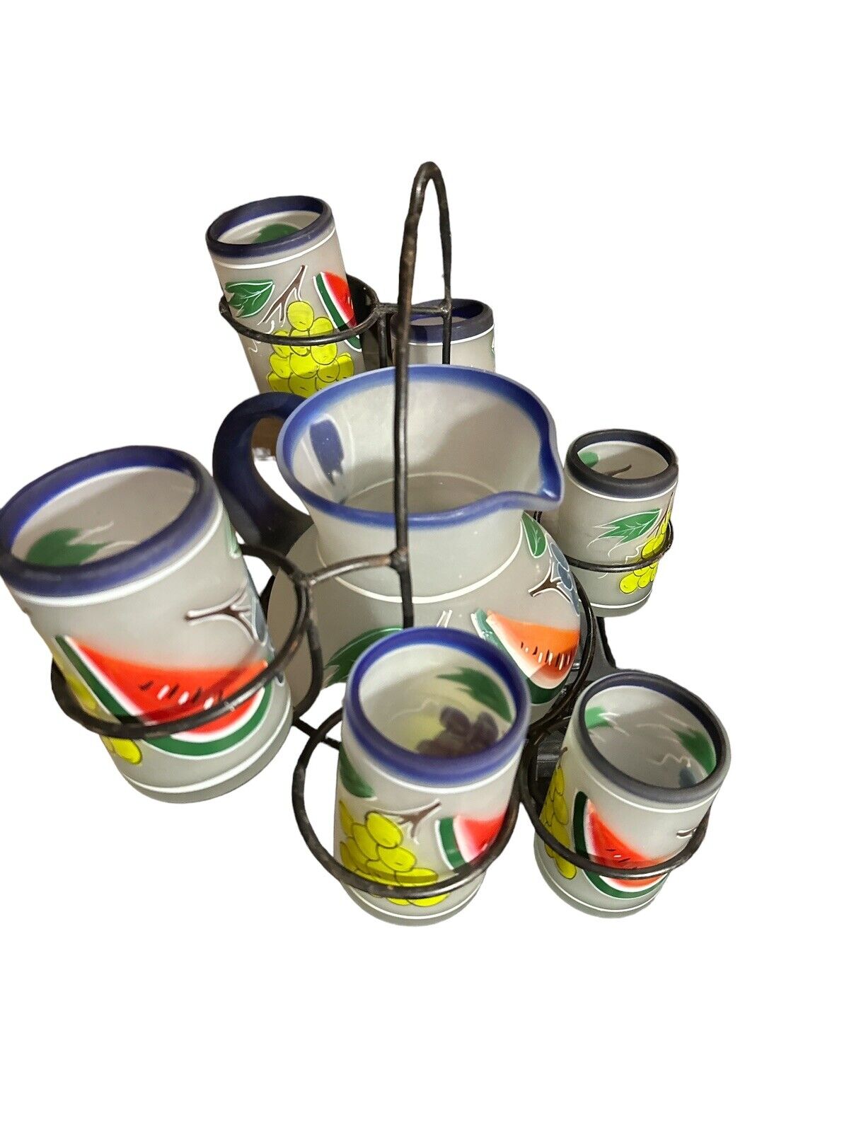 Vtg Handmade Blown & Painted Mexican Lemonade Pitcher 6 Glasses And Metal Holder