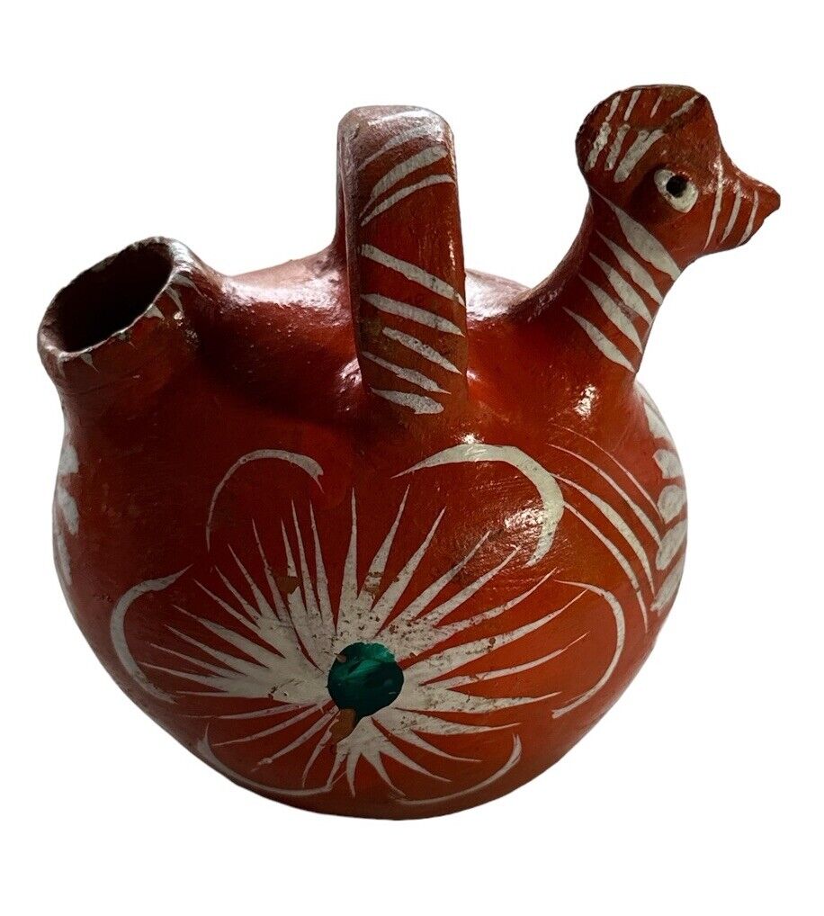 Authentic Vtg Handmade Mexican Made Folk Art Pottery Chicken Bird Decor Vessel