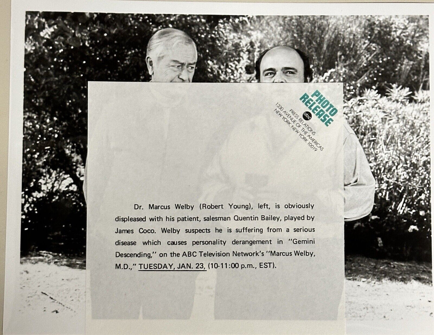 1973 Press Release Photo Marcus Welby M.D. Robert Young and James Coco