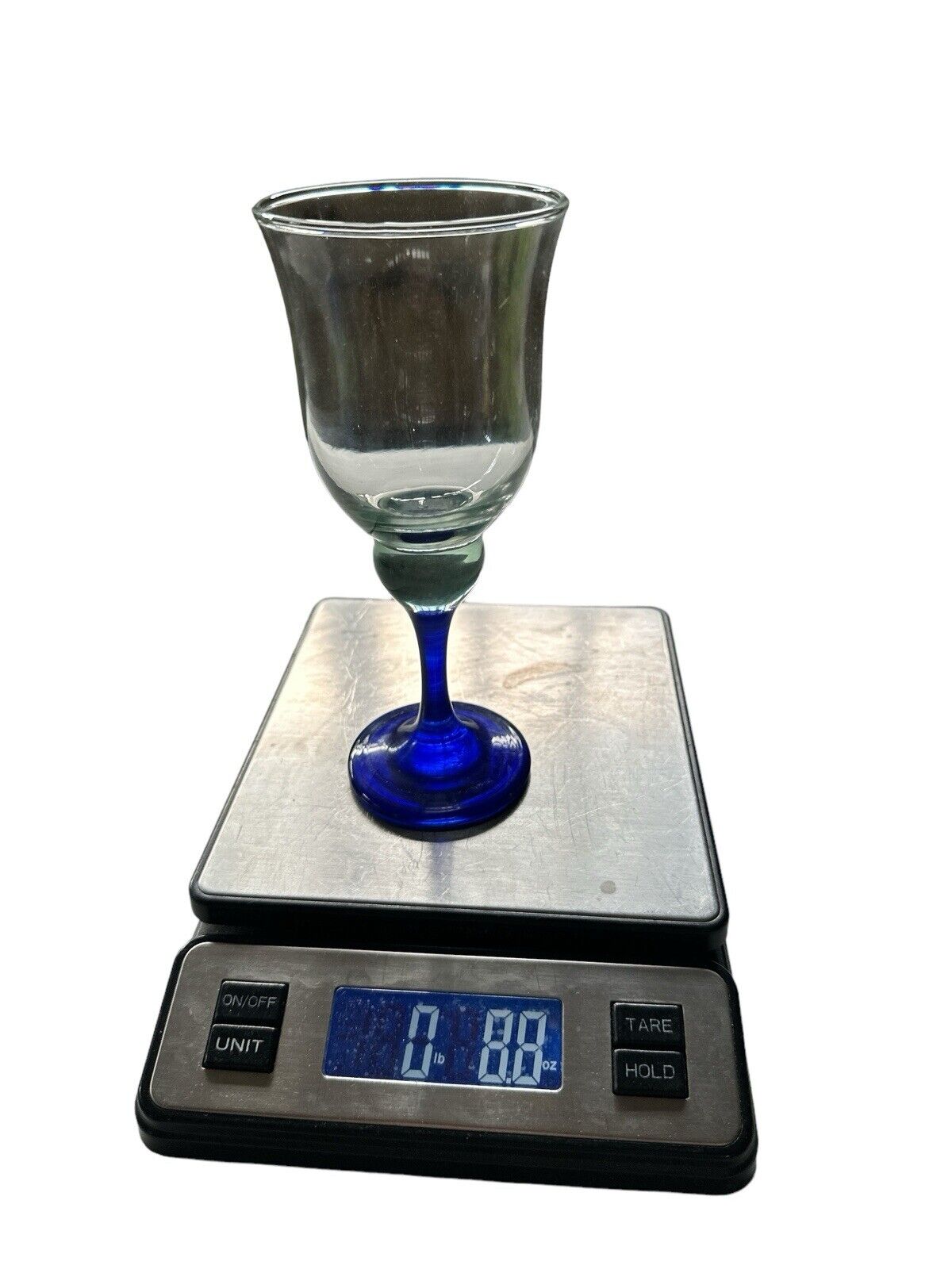 Hand Blown Mexican Wine Glass Cobalt Blue Stem & Base Beautiful 7.5” X 3”