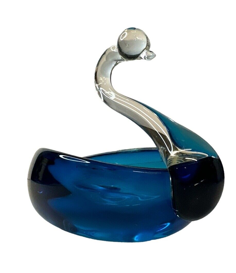 Vtg MCM Blue & Clear Murano Swan Paperweight Dish Art Glass 5” X 6”