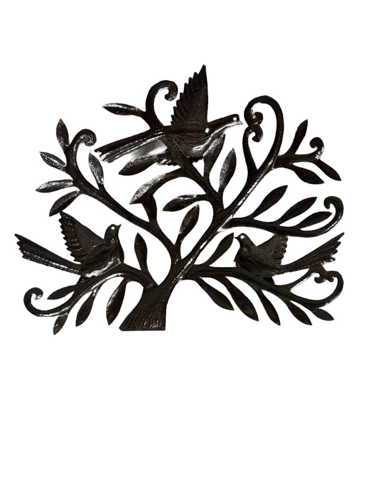 Vtg 1980’s Haitian Metal Art Decor Tree Doves Handmade Signed Cineus 20” X 17”