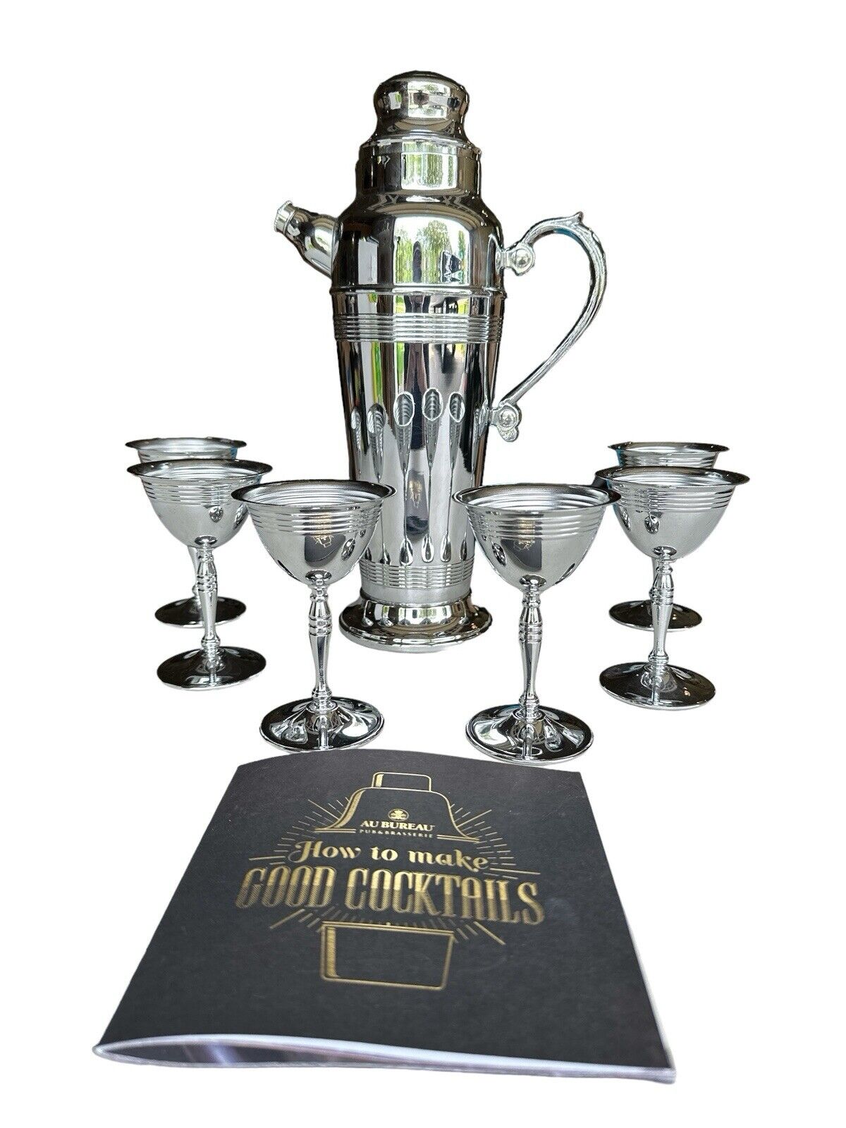 High Quality Vintage Chrome Cocktail Shaker 6 Stemmed Cordials & Bar Book