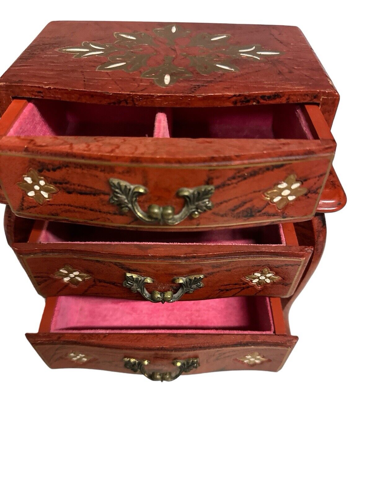 Amazing Jewelry Musical Box Delicate Lid Pulls Down+ Drawers Open Footed Wood
