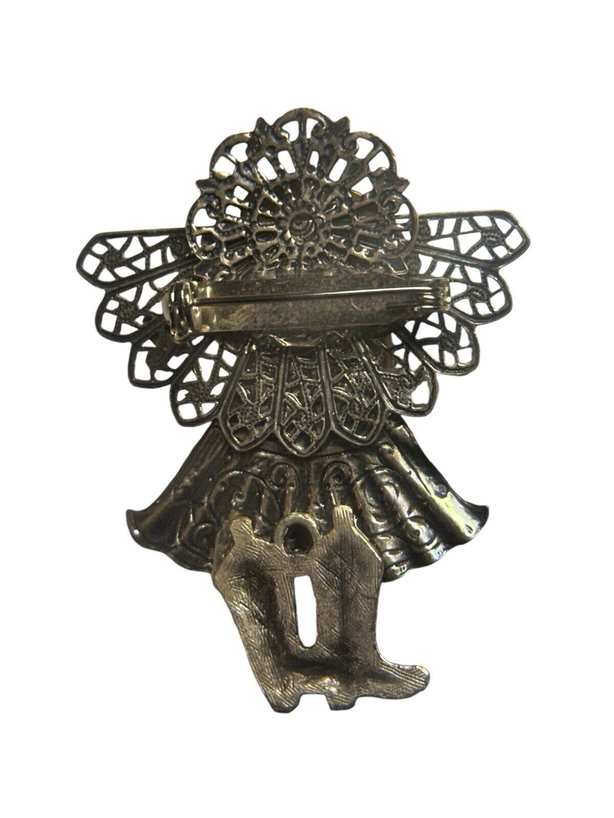 Lot of 2 Vtg silver brass cowgirl angel and Napier silver guitar brooch pin