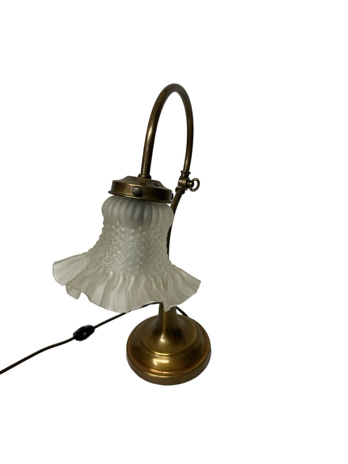 Vtg Brass 1930’s Art Nouveau Table Desk Piano Lamp With Elegant Glass Shade 15”