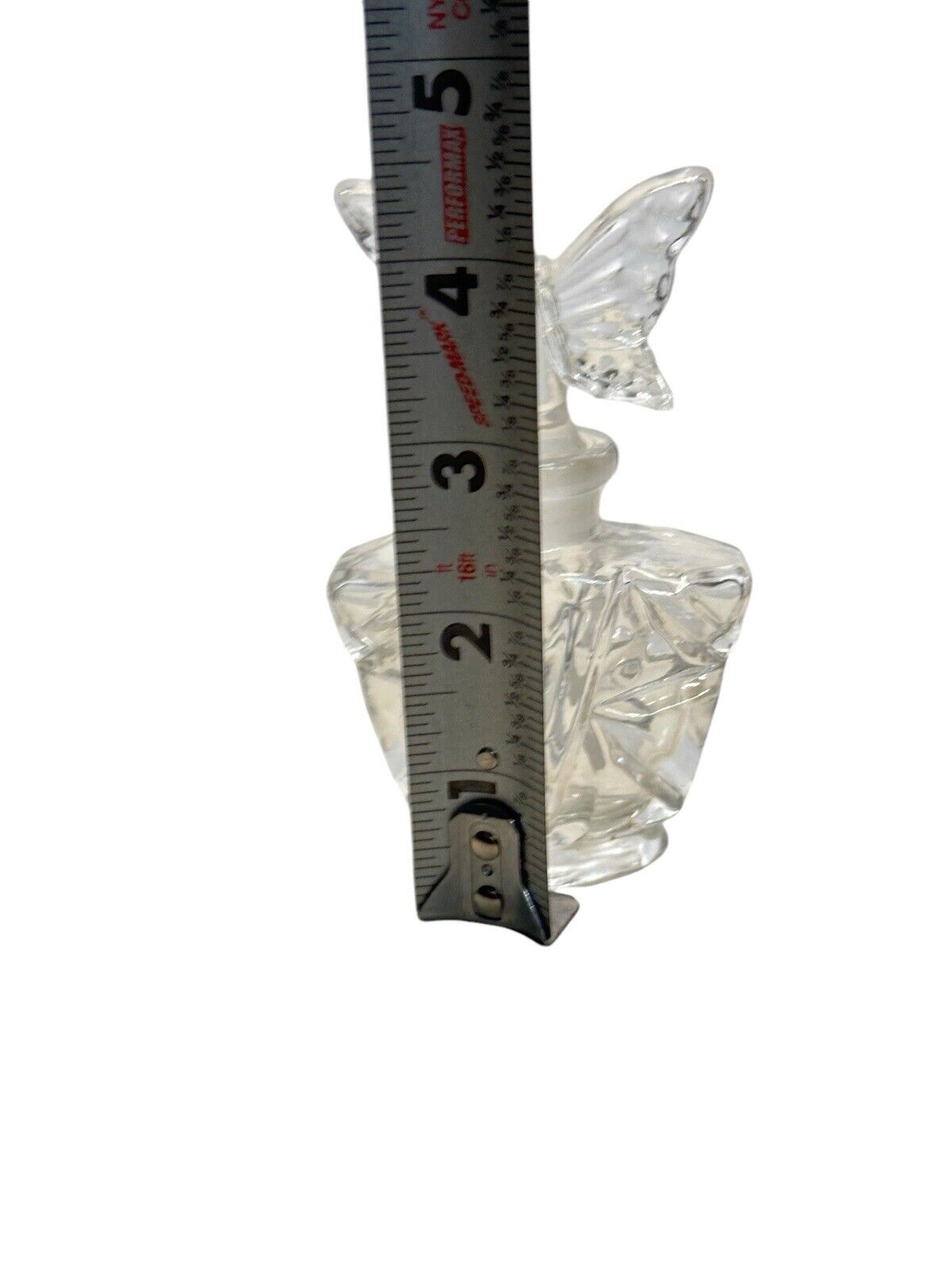 Vintage Perfume Bottle Clear Butterfly Lid 24% Lead Crystal 4.5” Tall