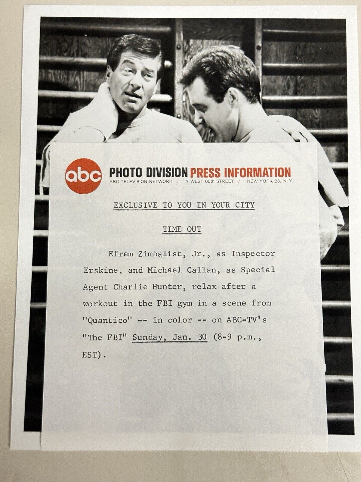 1966 Press Release Photo The FBI “Quantico” Efrem Zimbalist & Michael Callan