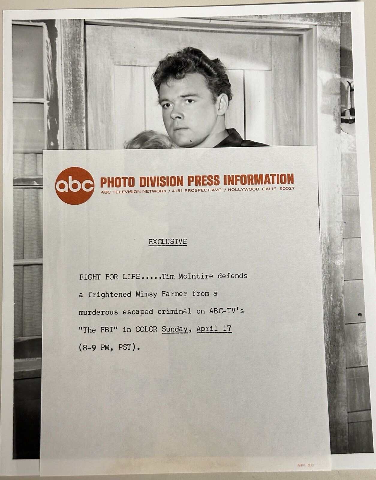 1966 Press Release Photo The FBI “ The Animal” Mindy Farmer & Tim McIntire