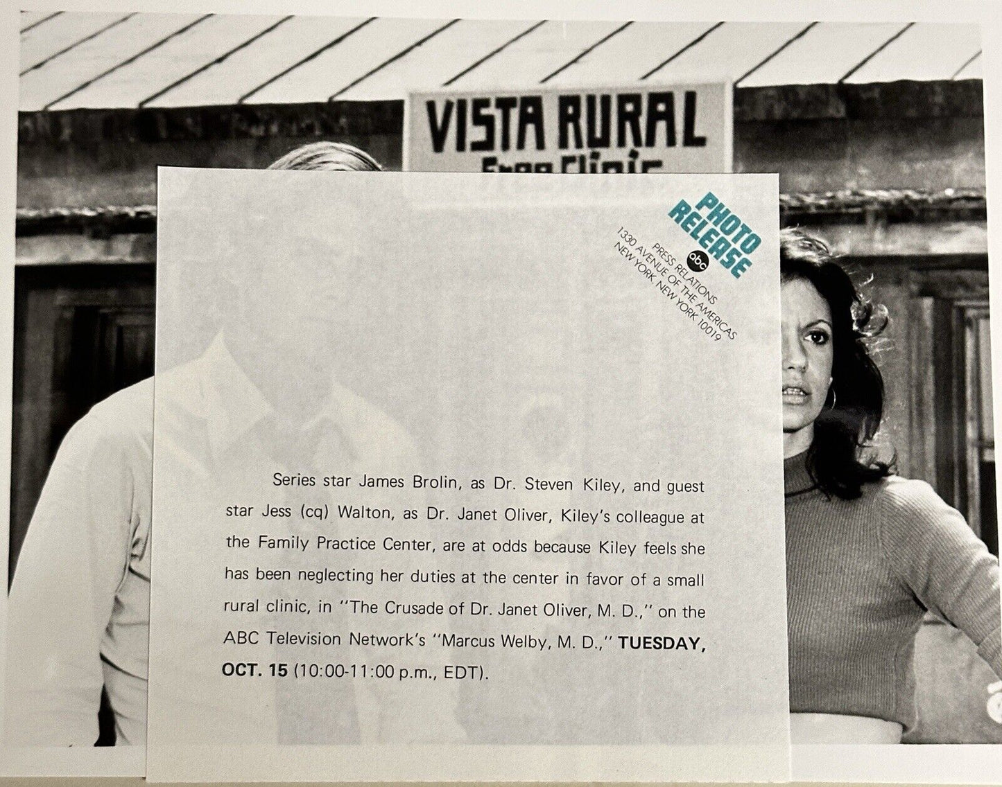 1974 Press Release Photo Marcus Welby M.D. James Brolin and Jess Walton