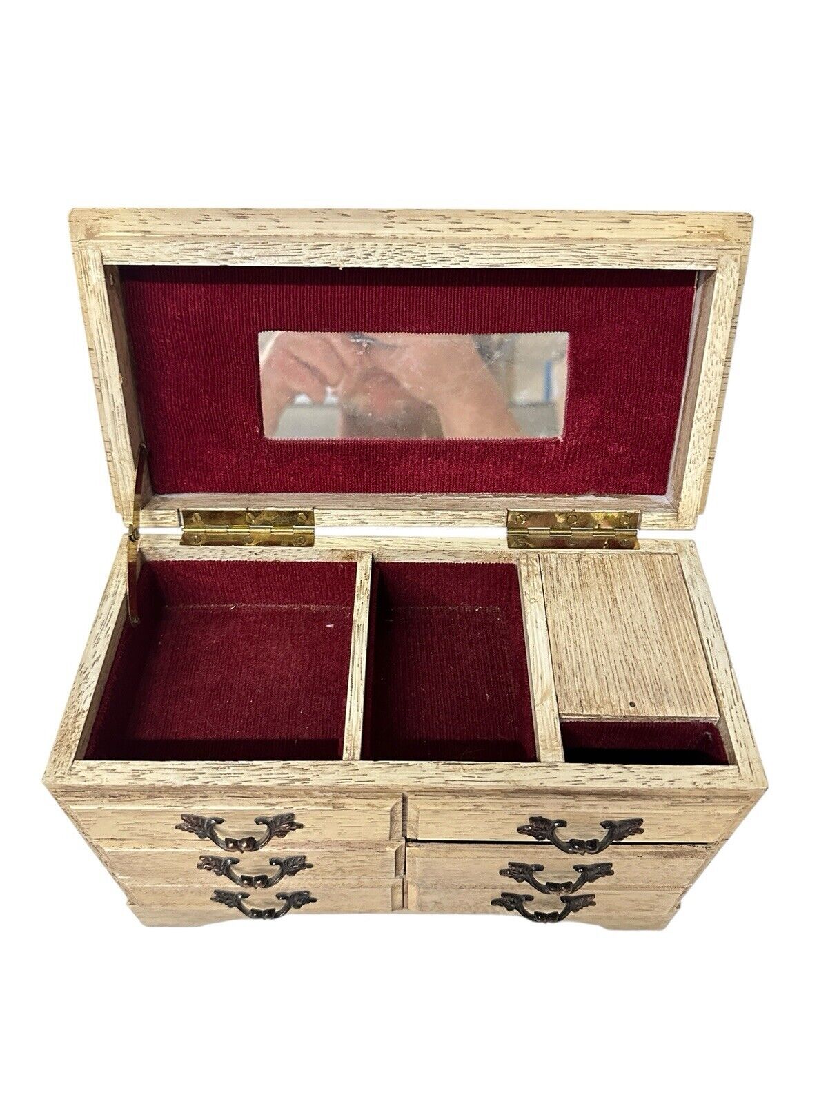 Norleans Wood Footed Jewelry Music Box Japan Made Red Velvet w/Mirror Vintage