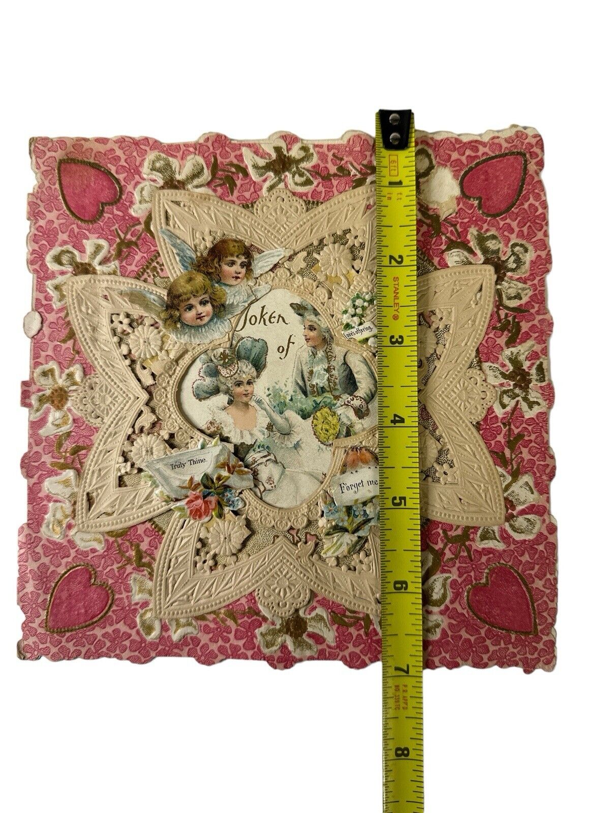 Antique Layered Paper Doily VALENTINE'S DAY CARD Pink and Gold Flowers