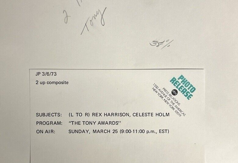 1973 Annual Tony Awards 1973 Press Release photo Rex Harrison & Celeste Holm