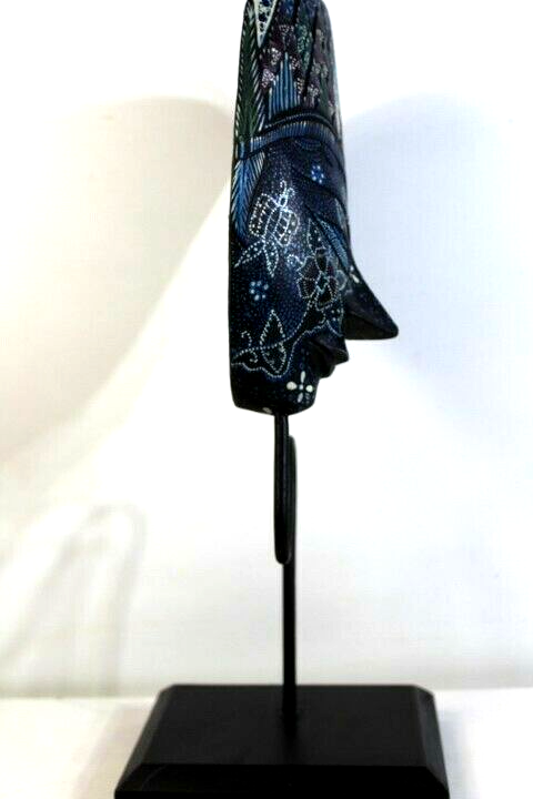 Vtg Hand Painted Beautiful Wooden Face Sculpture on a stand Indonesian Origin