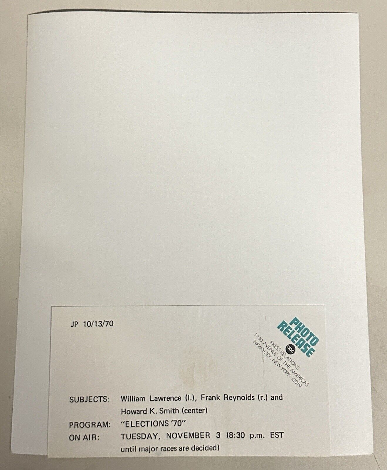 1970 Press Release Photo 7”x9” TV Election’s 1970 ABC Special Program