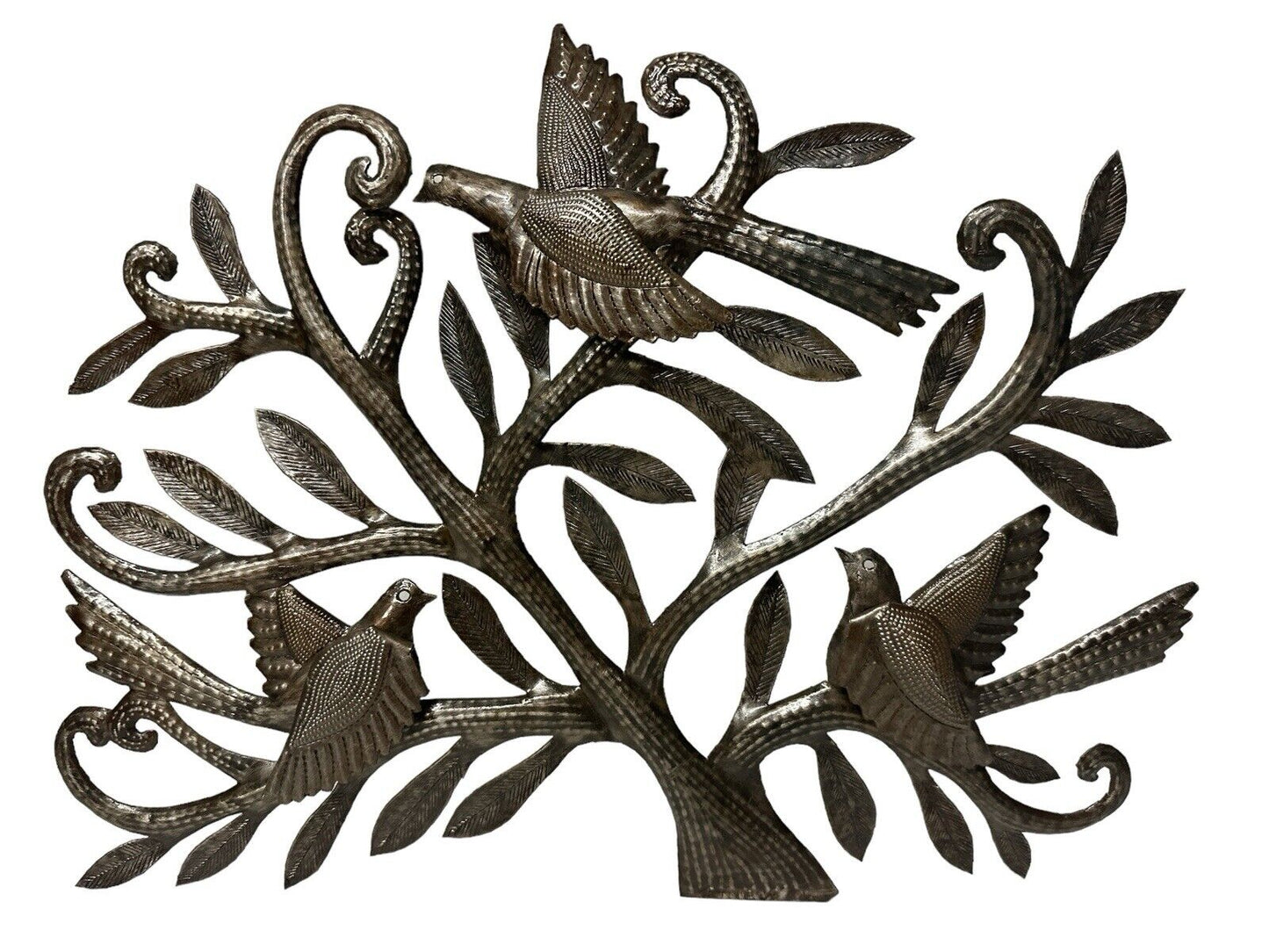 Vtg 1980’s Haitian Metal Art Decor Tree Doves Handmade Signed Cineus 20” X 17”