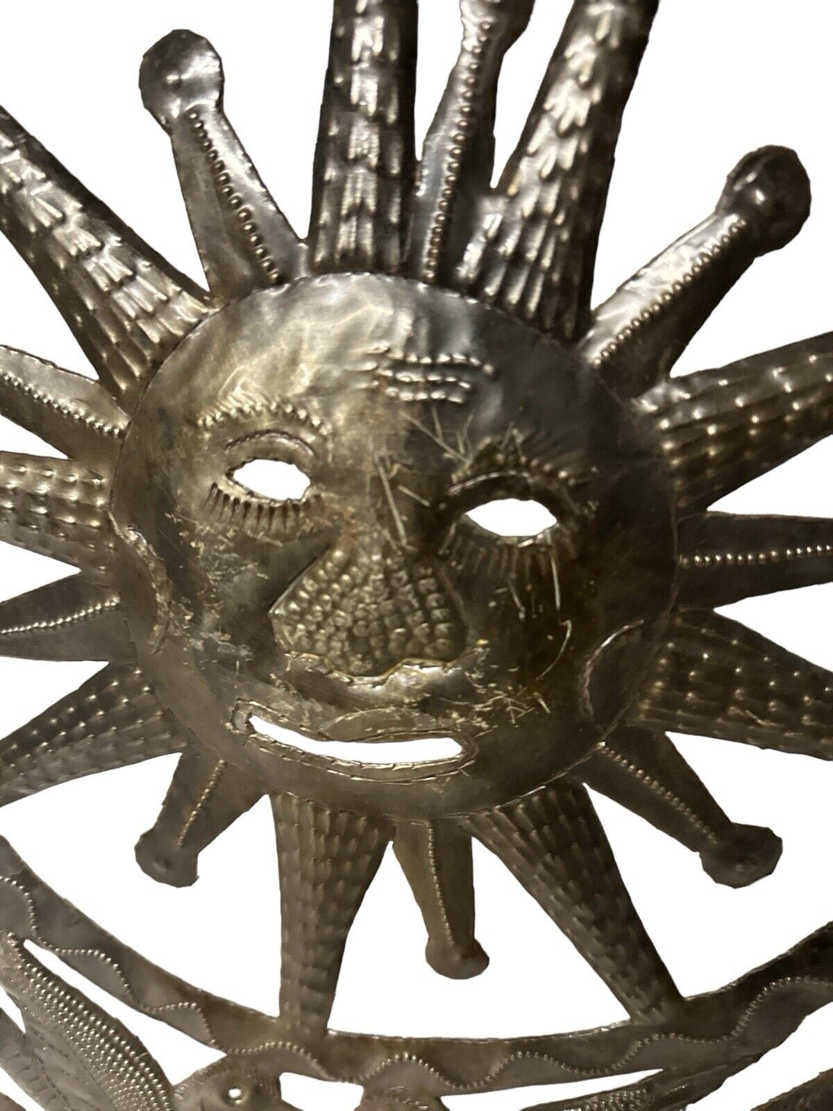 Vtg 1980’s Haitian Metal Art Decor Sun & Birds Handmade Signed Jonas 23” X 23”