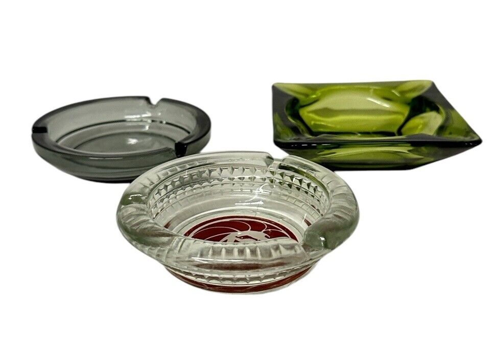 Lot of 3 Vtg Glass Ashtrays 1970’s 1980’s MGM Hotel Anchor Hocking Green 4.5”