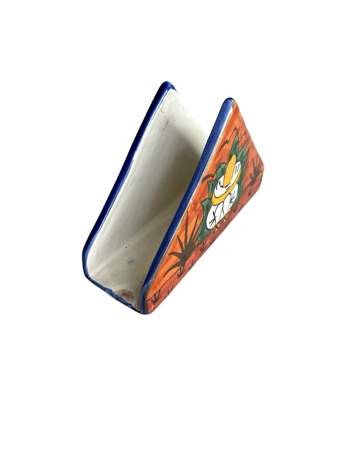 Vintage Mexican Pottery Ceramic Napkin Holder Colorful Cactus Pattern Folk Art