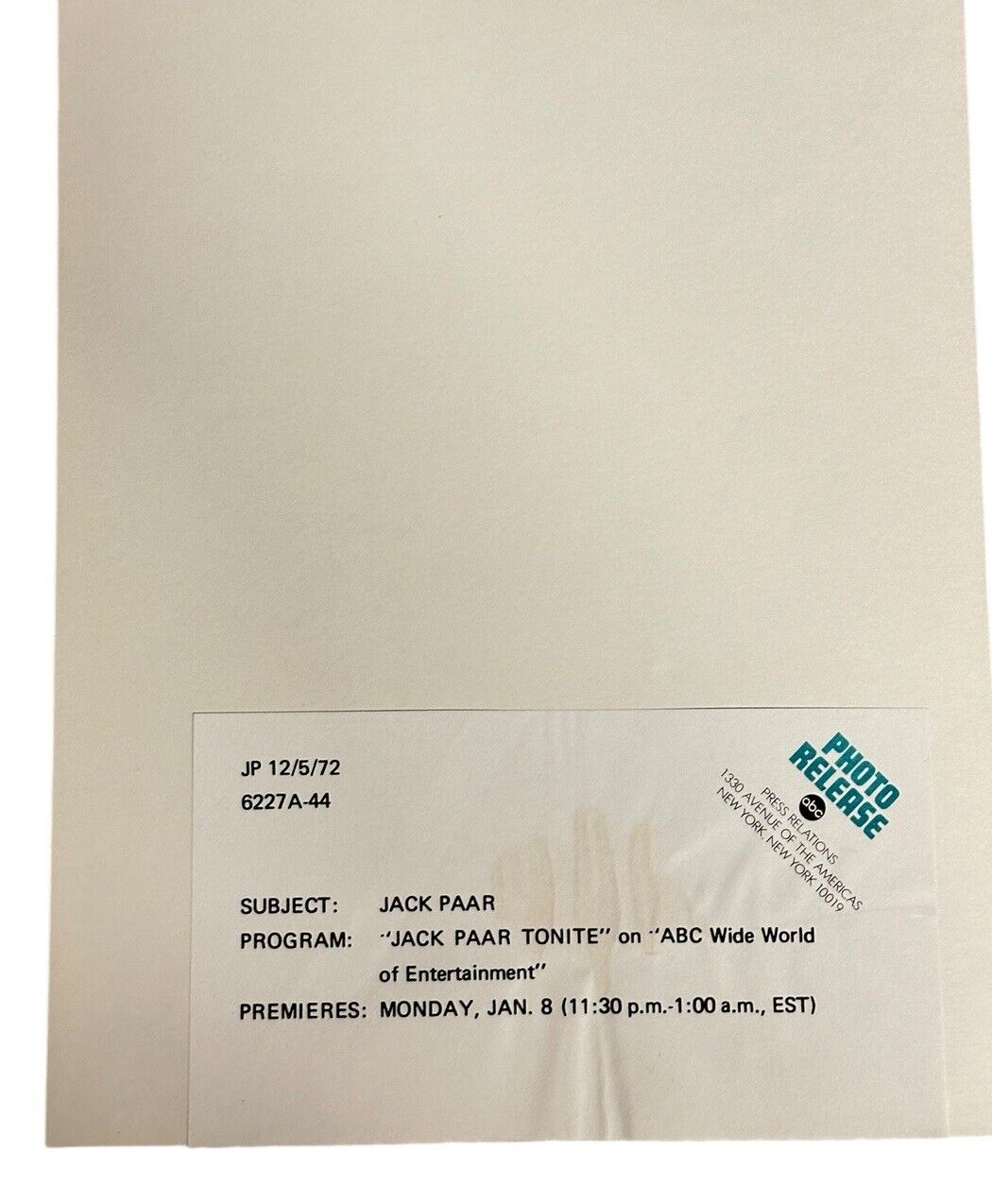 1972 ABC Press Release Photo Jack Paar Tonight World Wide Entertainment Show