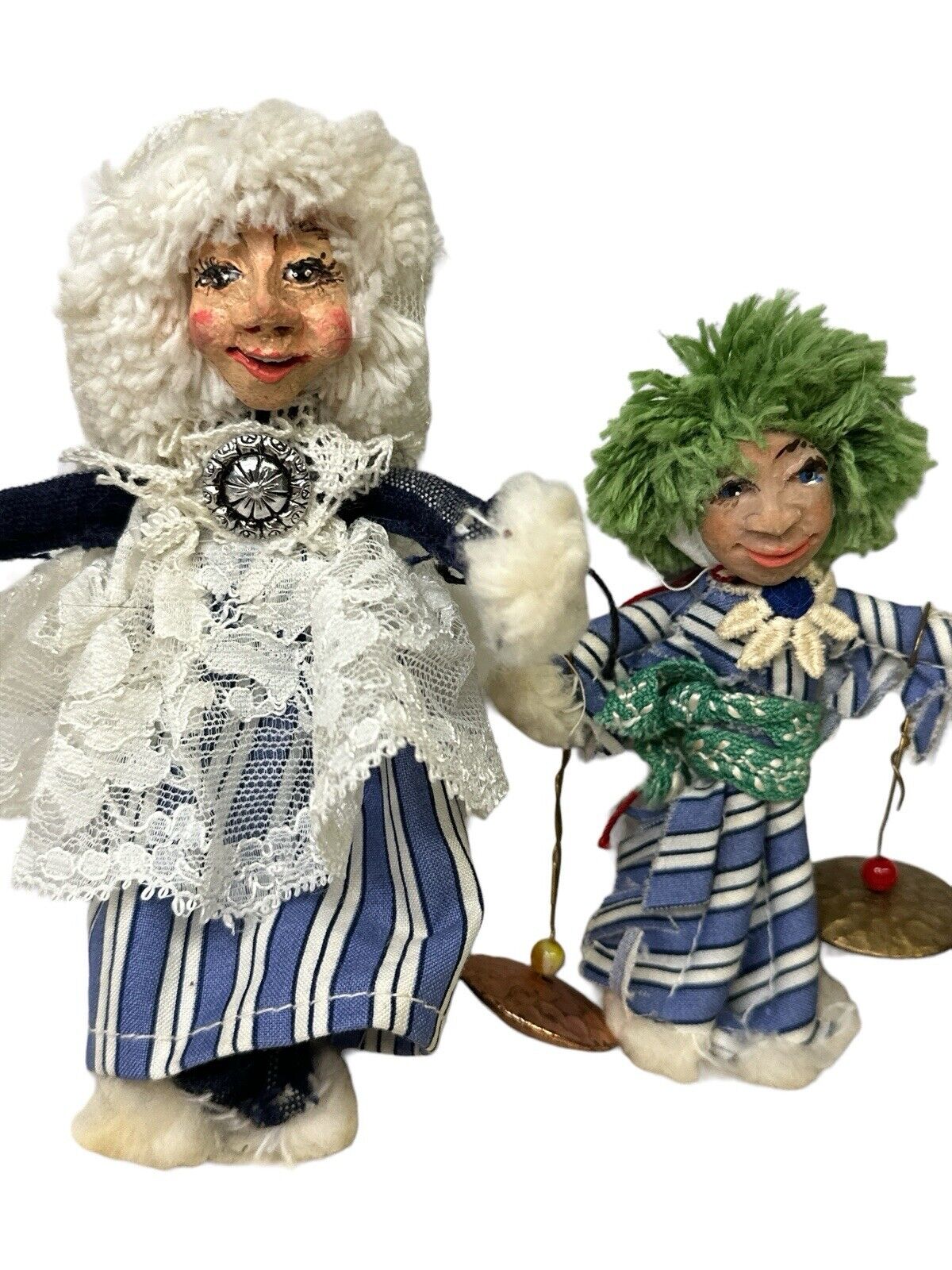 Lot Of 2 Vtg Small Handmade Artesian Folk Art Clay & Fabric Ornaments