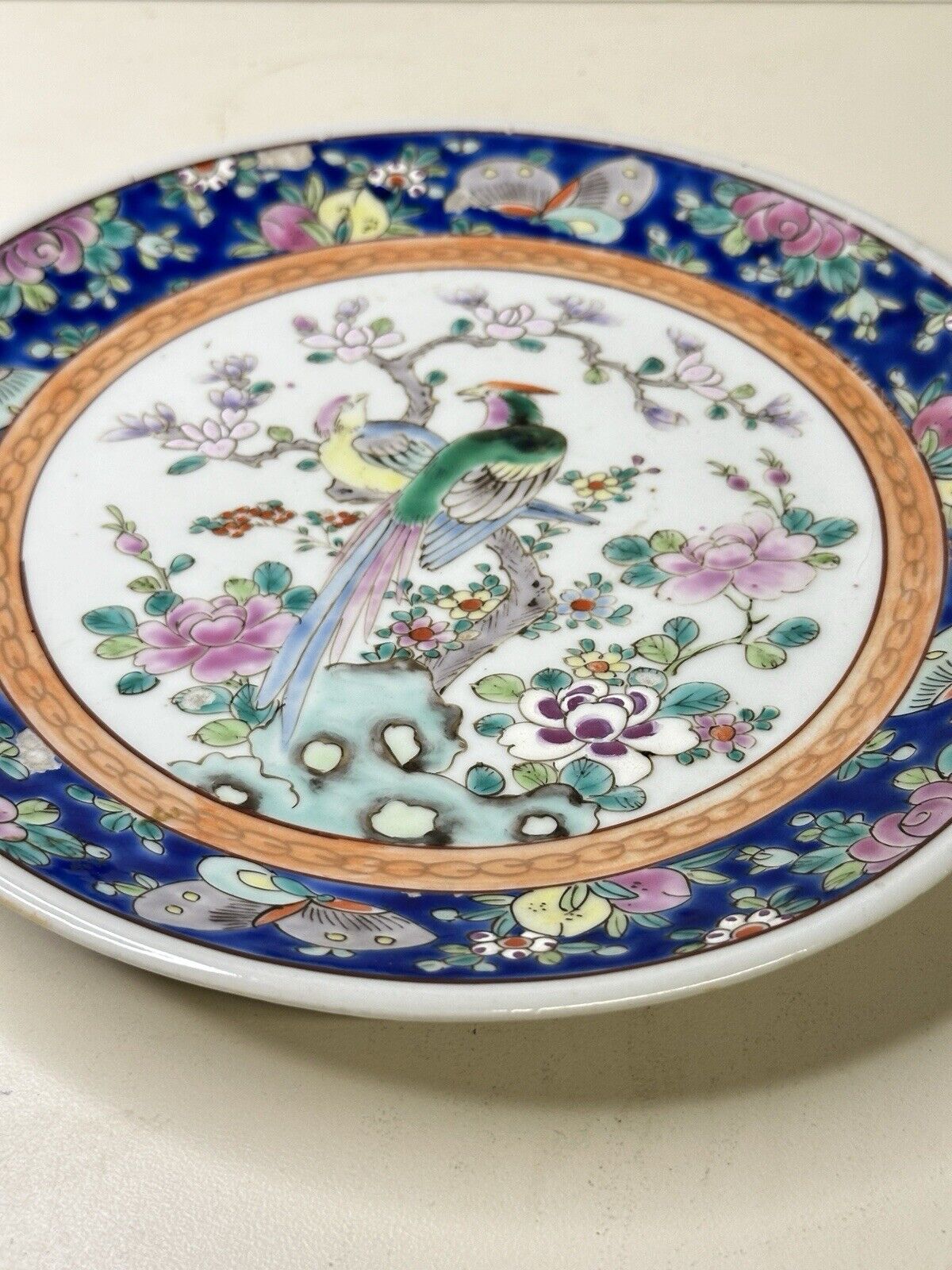 Antique Kutani Hand Painted & Signed Rare Pattern Nippon 8.5” Bird Flowers Plate