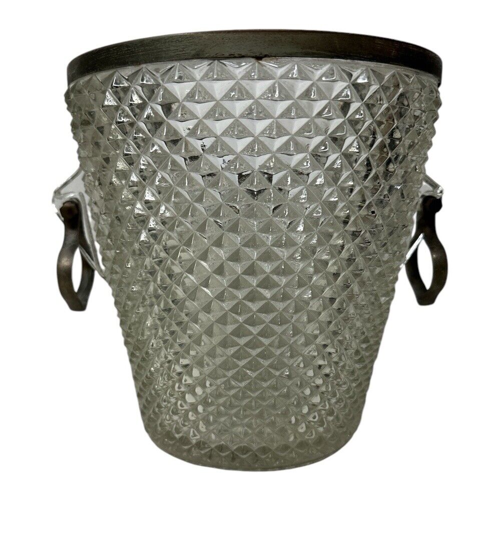 MCM heavy cut glass ice or champagne bucket vintage silver Nickel Rim 1960’s