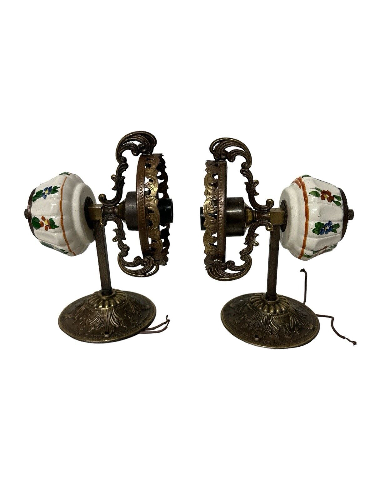 Rare Pair Of Early American Ceramic & Brass Wall Sconces Antique Vintage 1920’s