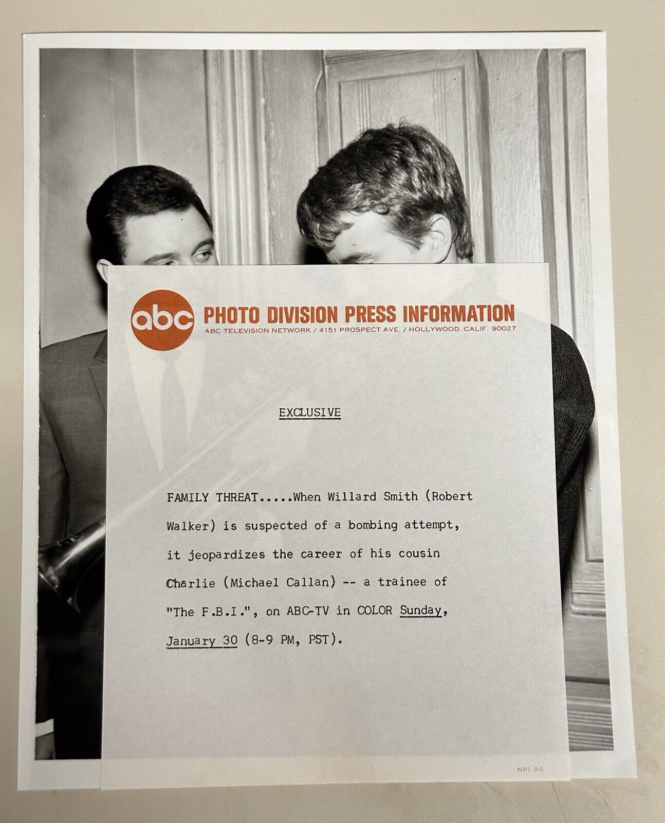 1966 Press Release Photo The FBI “Quantico” Robert Walker & Michael Callan