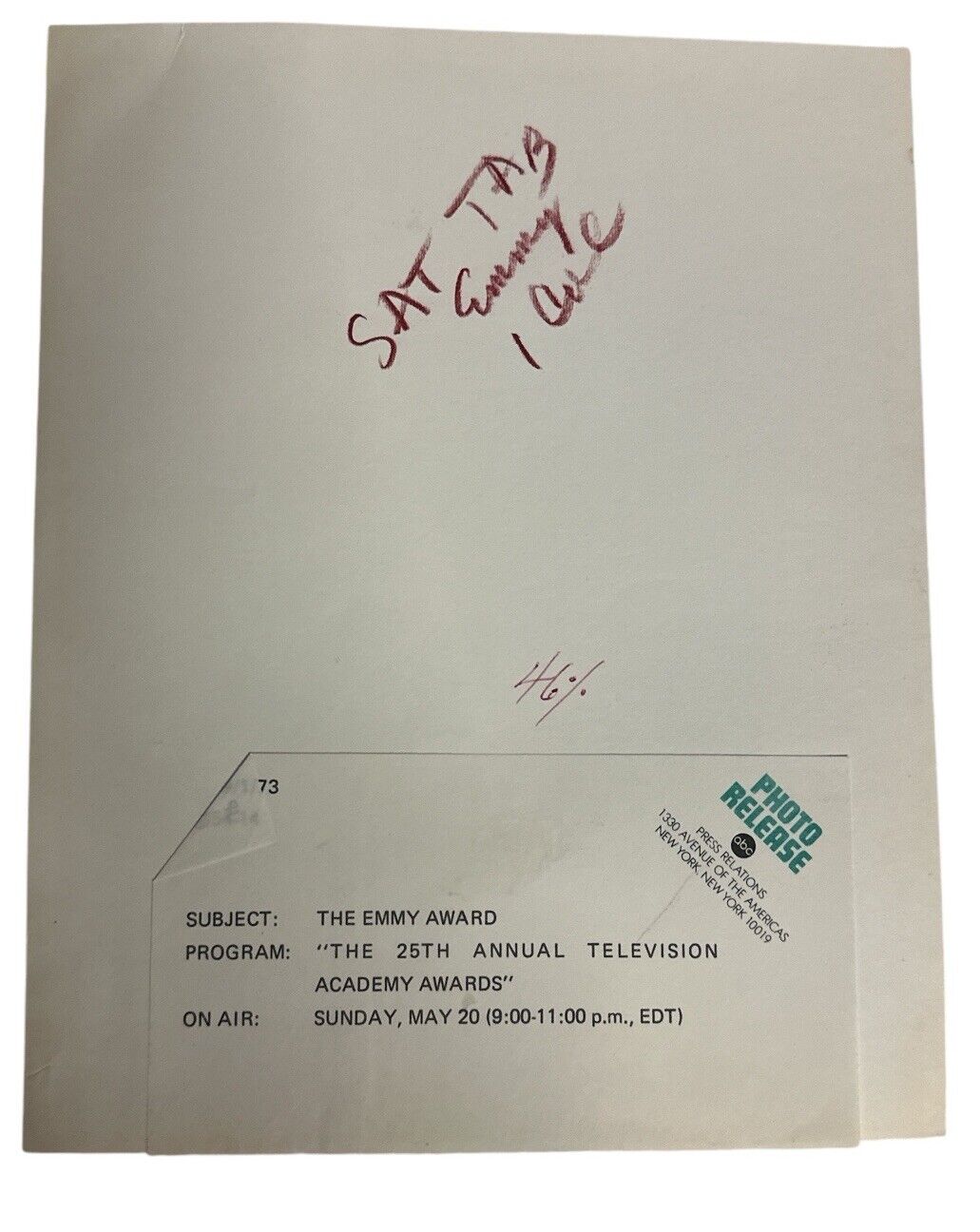 EMMY Award 25th Annual May 20th 1973 Press Release photo Original 9” x 7”
