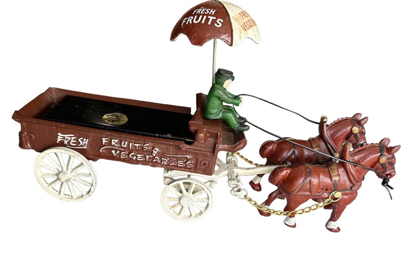 Vintage Cast Iron Horse With Wagon Fruits and Vegetables Cart 14” Long
