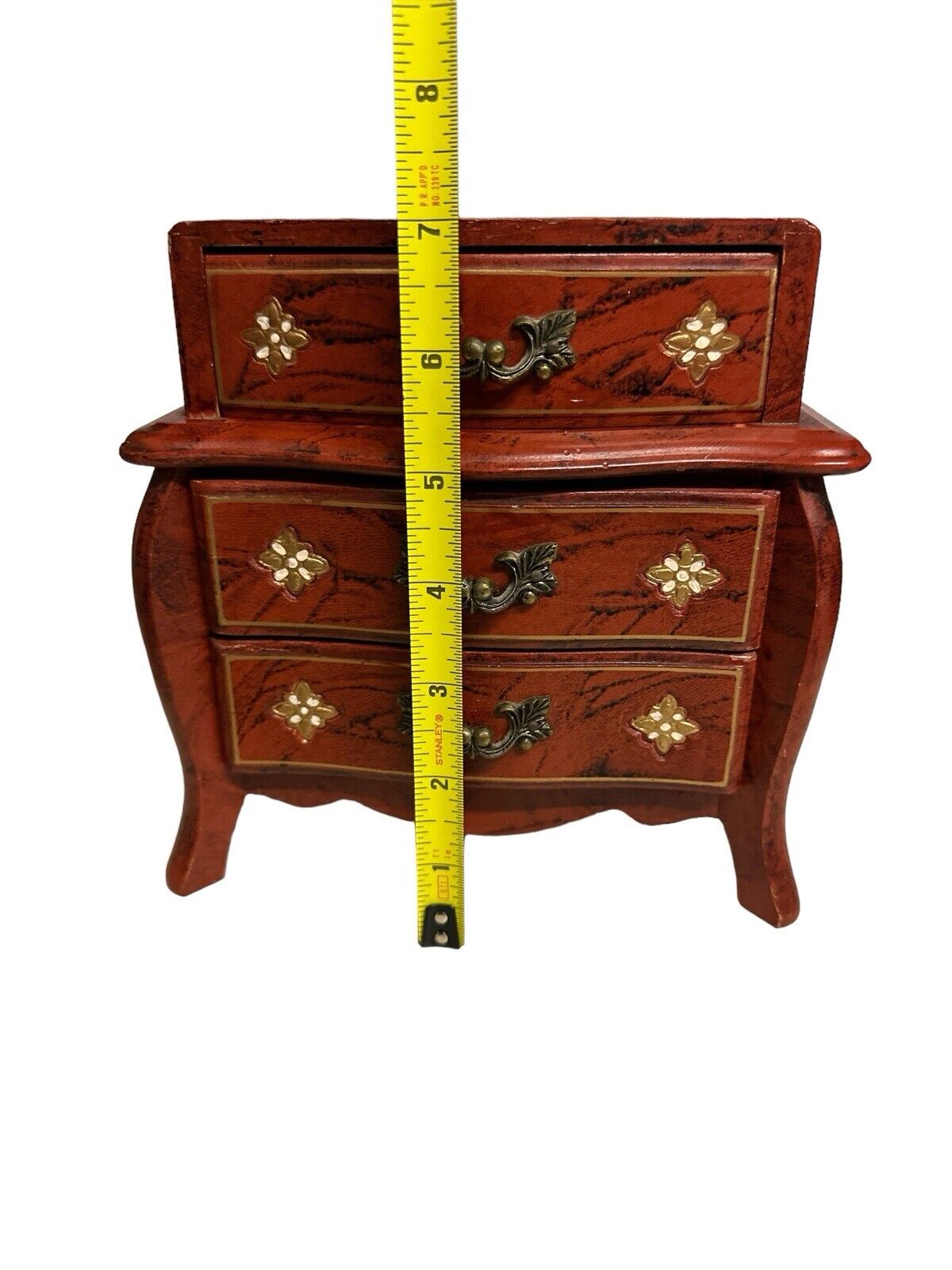 Amazing Jewelry Musical Box Delicate Lid Pulls Down+ Drawers Open Footed Wood