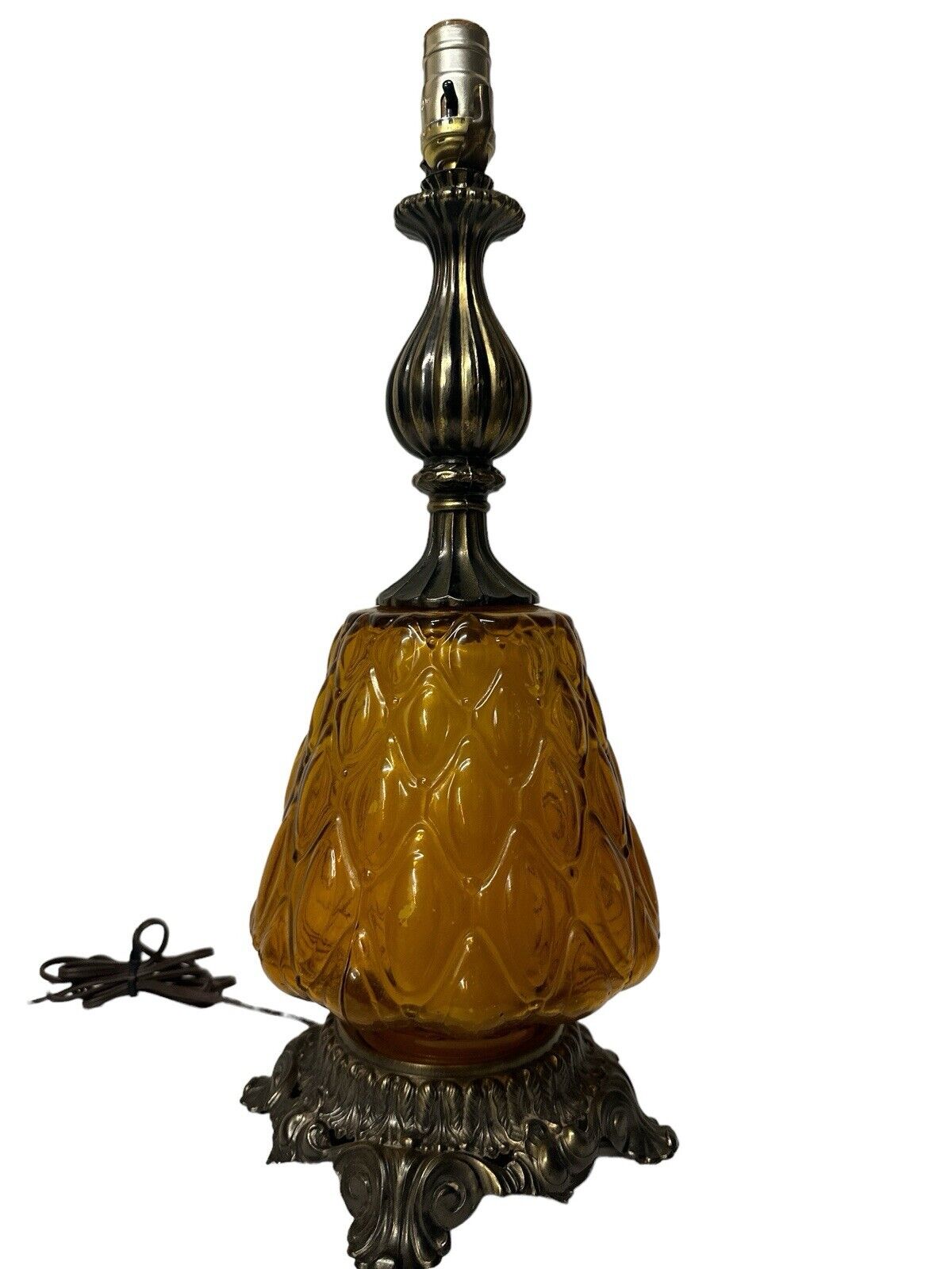 Vtg 1971 Hollywood Regency L & L WMC Table Lamp 21” Amber Globe Pineapple Works