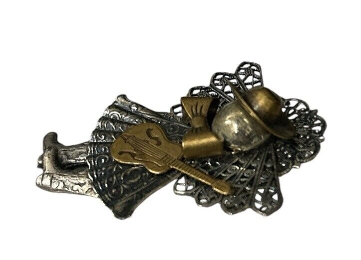 Lot of 2 Vtg silver brass cowgirl angel and Napier silver guitar brooch pin