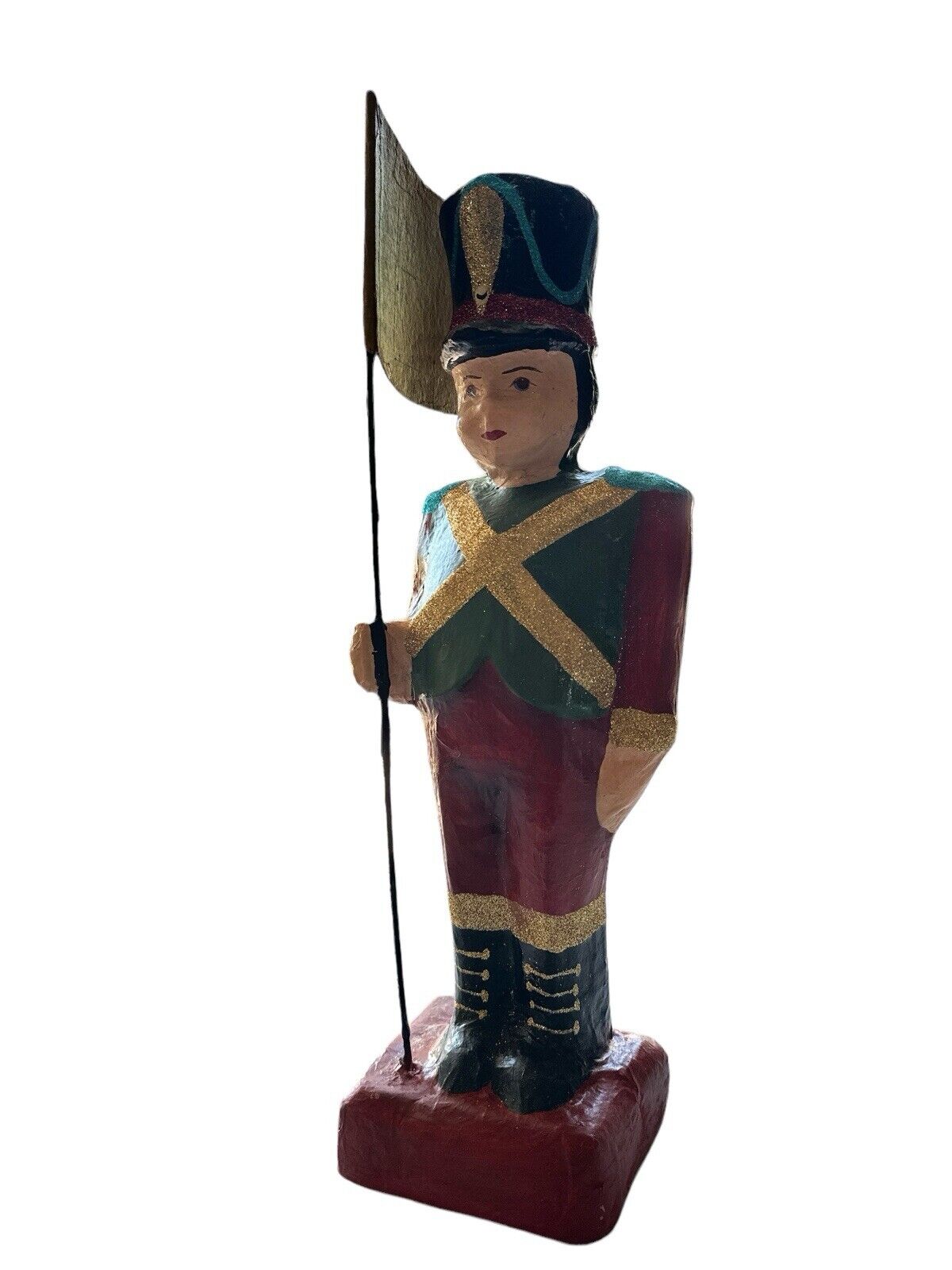 Large Vintage Paper Mache Soldier With Flag 22” Tall Handmade Painted