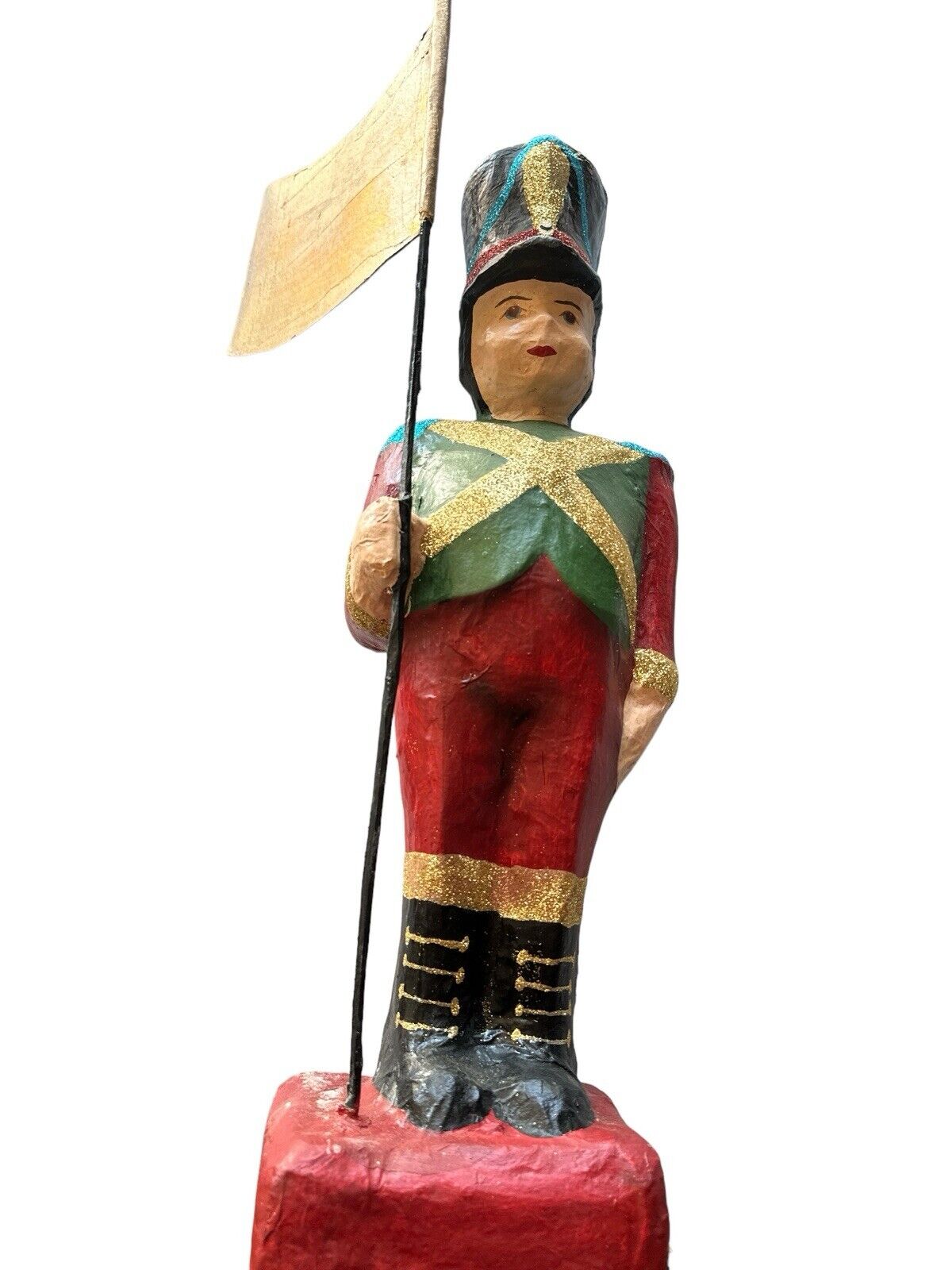 Large Vintage Paper Mache Soldier With Flag 22” Tall Handmade Painted