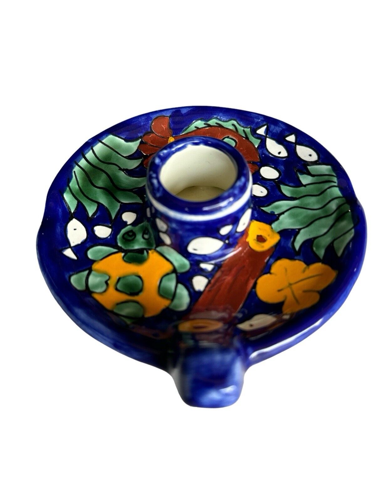 Handmade Painted signed C. Hidalgo H. Mexico Terracotta Pottery Candlestick
