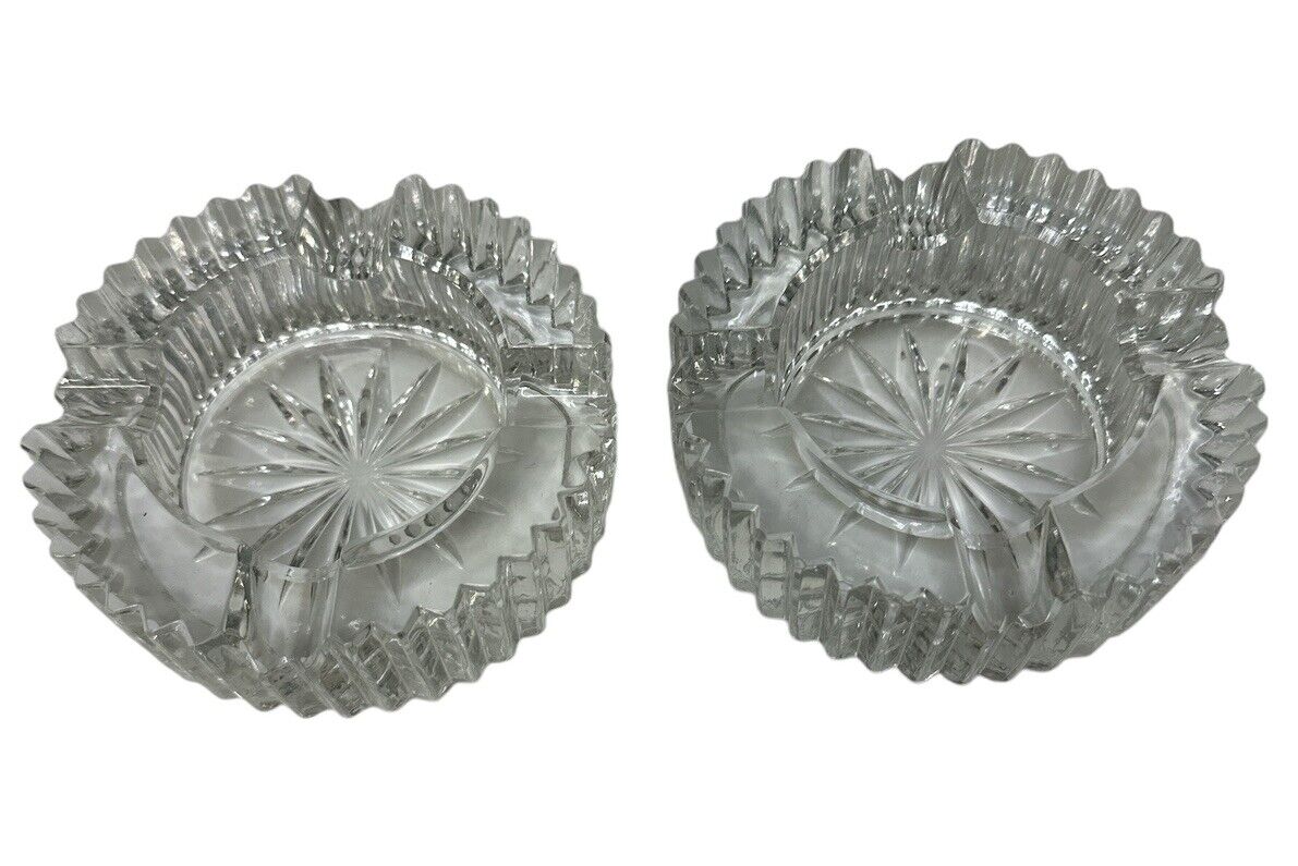 2 MCM Heavy Round Lead Crystal Deep Cut 5" Cigarette Cigar Ashtray Beautiful