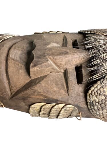 Old Mexican Folk Art Dance Mask Carved Wood Porcupine Quills Armadillo Large