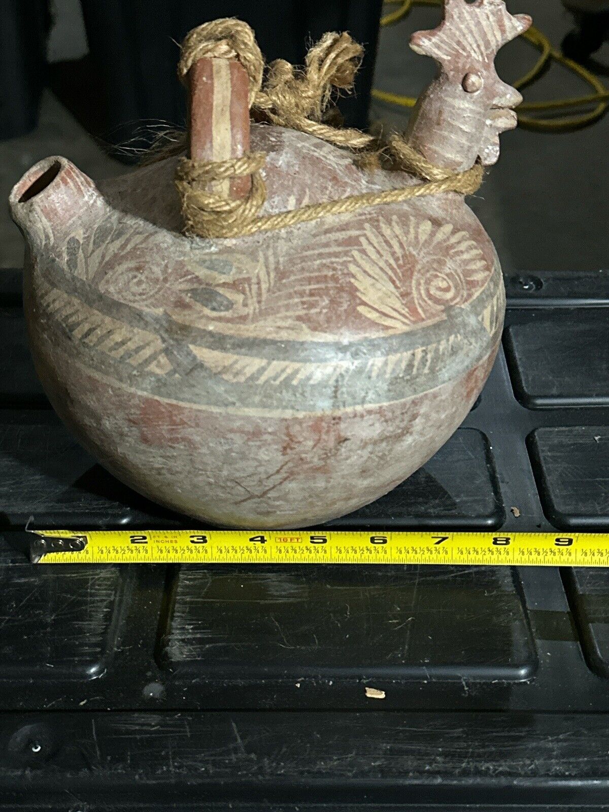 Primitive Mexican Pottery Water Jug Handmade & Hand Painted Unique Bird Design