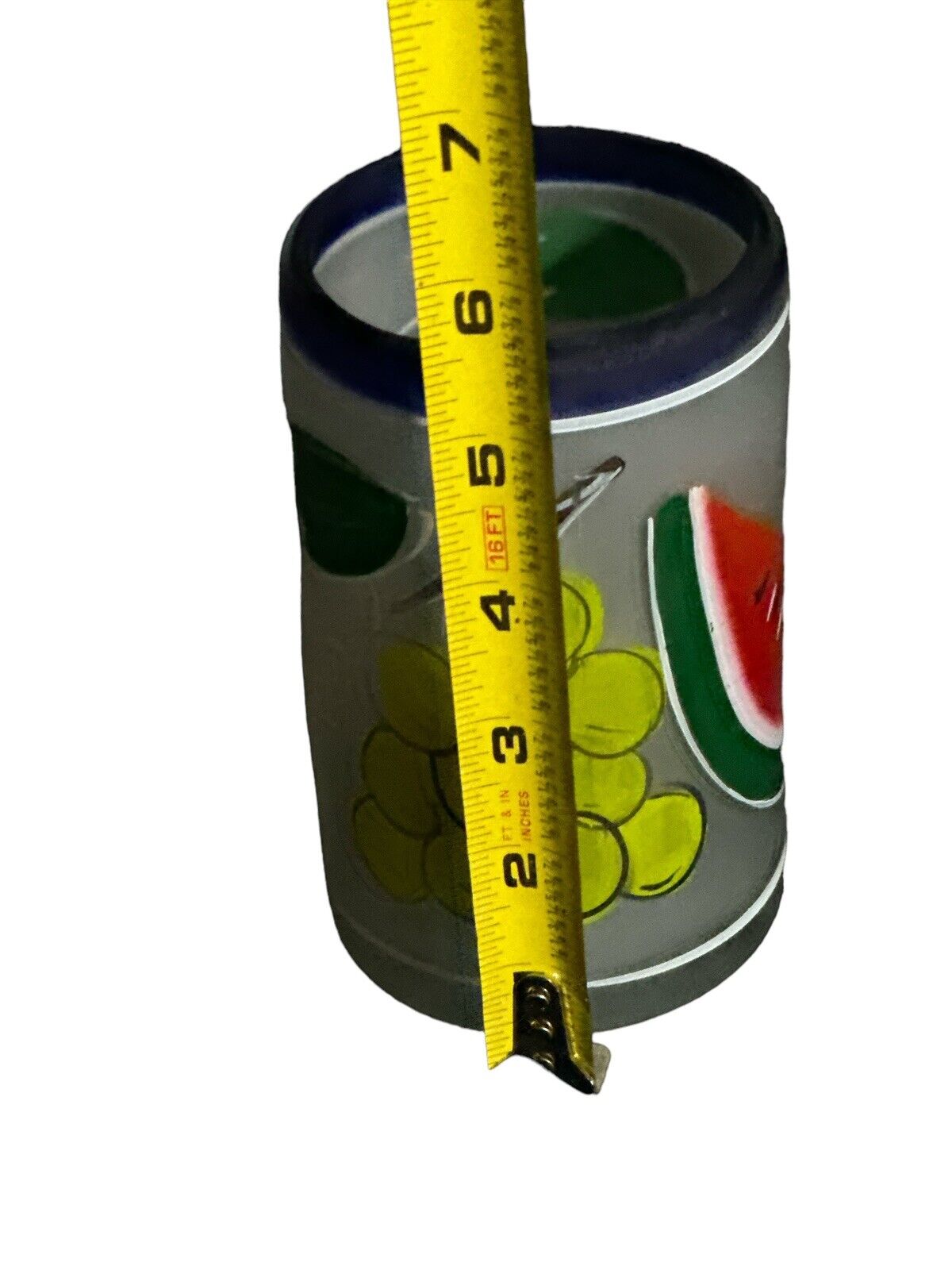 Vtg Handmade Blown & Painted Mexican Lemonade Pitcher 6 Glasses And Metal Holder