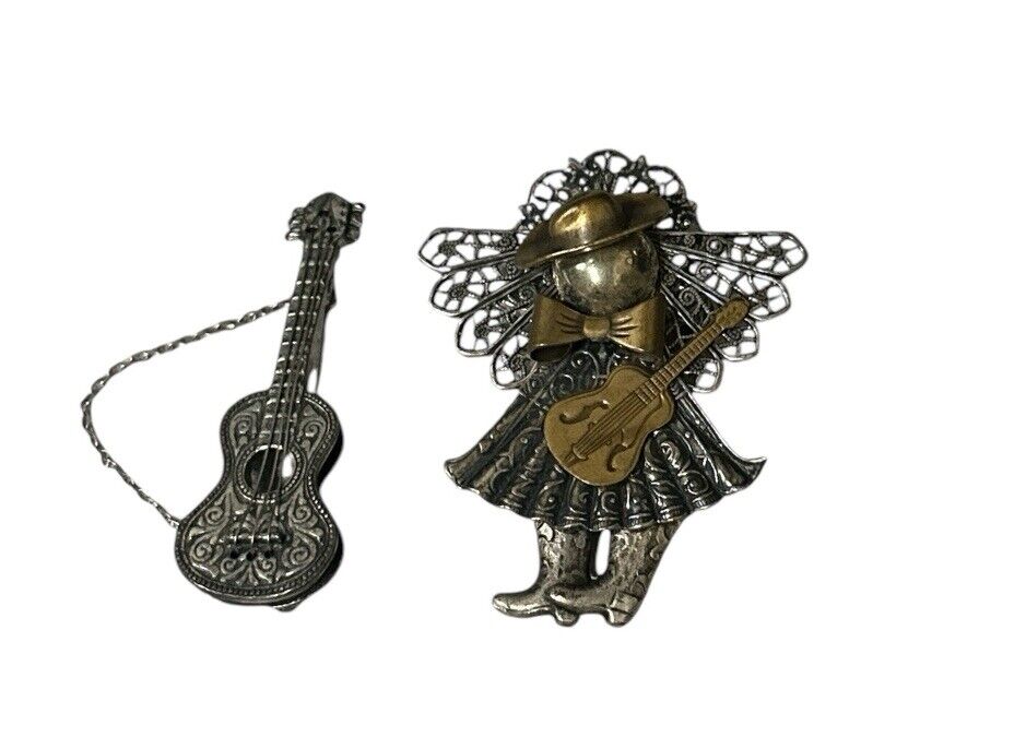 Lot of 2 Vtg silver brass cowgirl angel and Napier silver guitar brooch pin