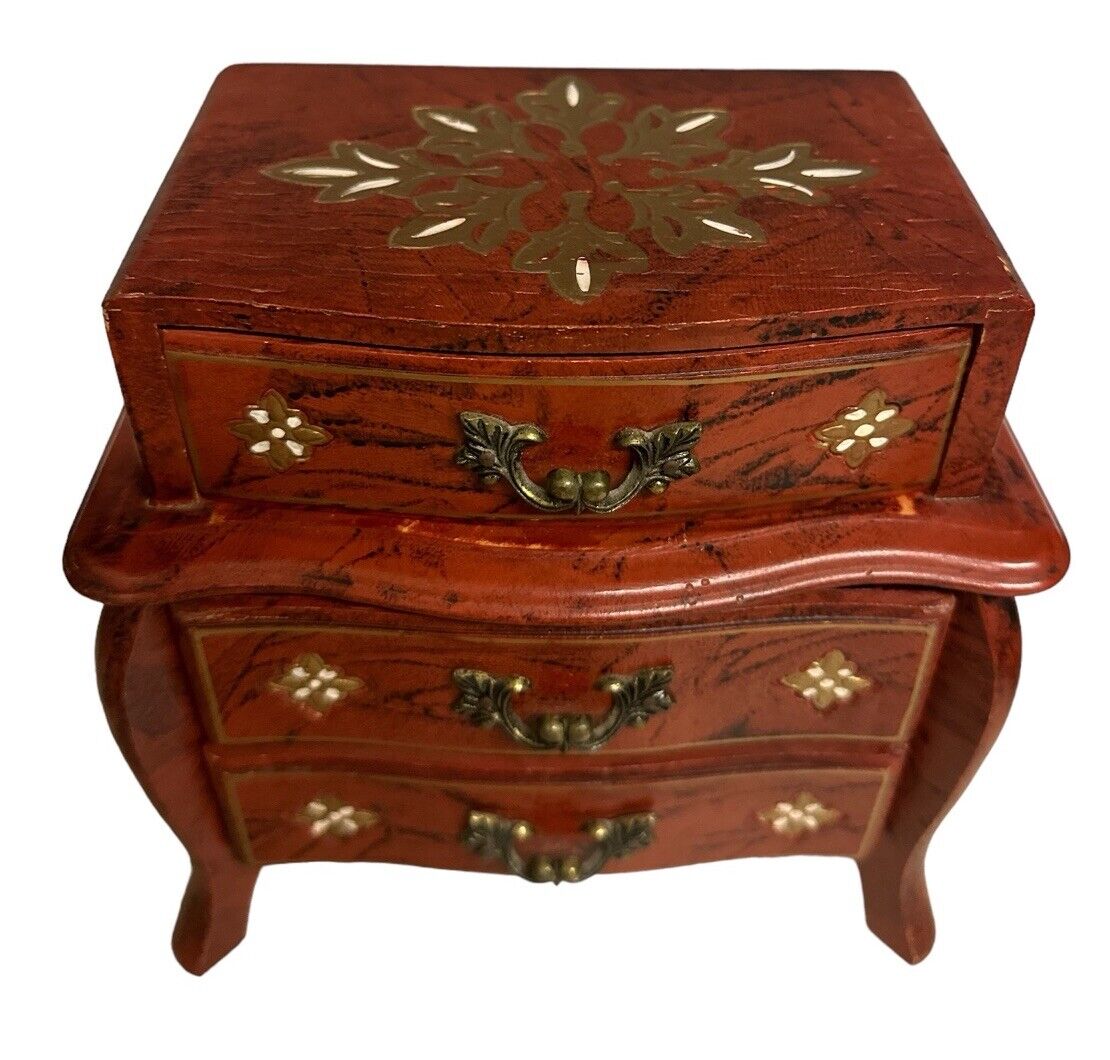 Amazing Jewelry Musical Box Delicate Lid Pulls Down+ Drawers Open Footed Wood