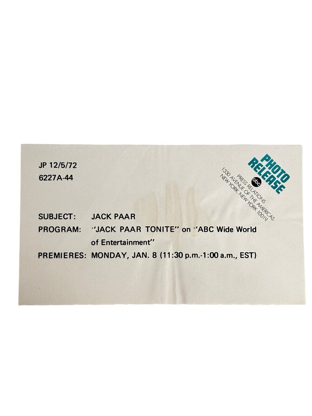 1972 ABC Press Release Photo Jack Paar Tonight World Wide Entertainment Show